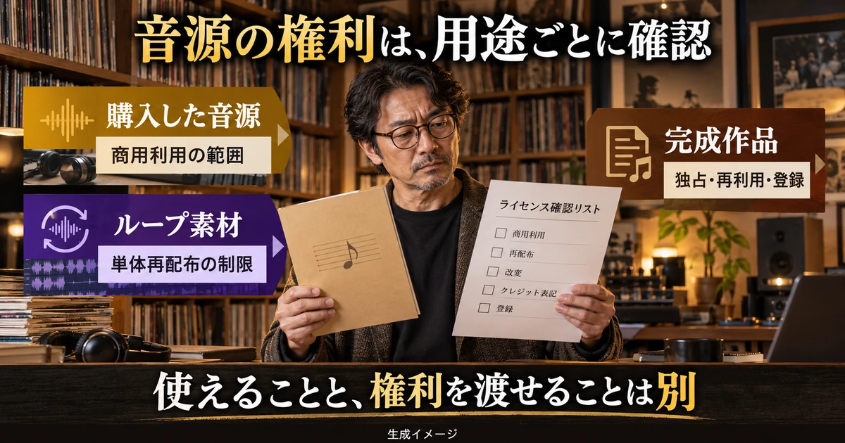 購入音源、ループ素材、完成作品の権利と利用条件を確認する生成イメージ