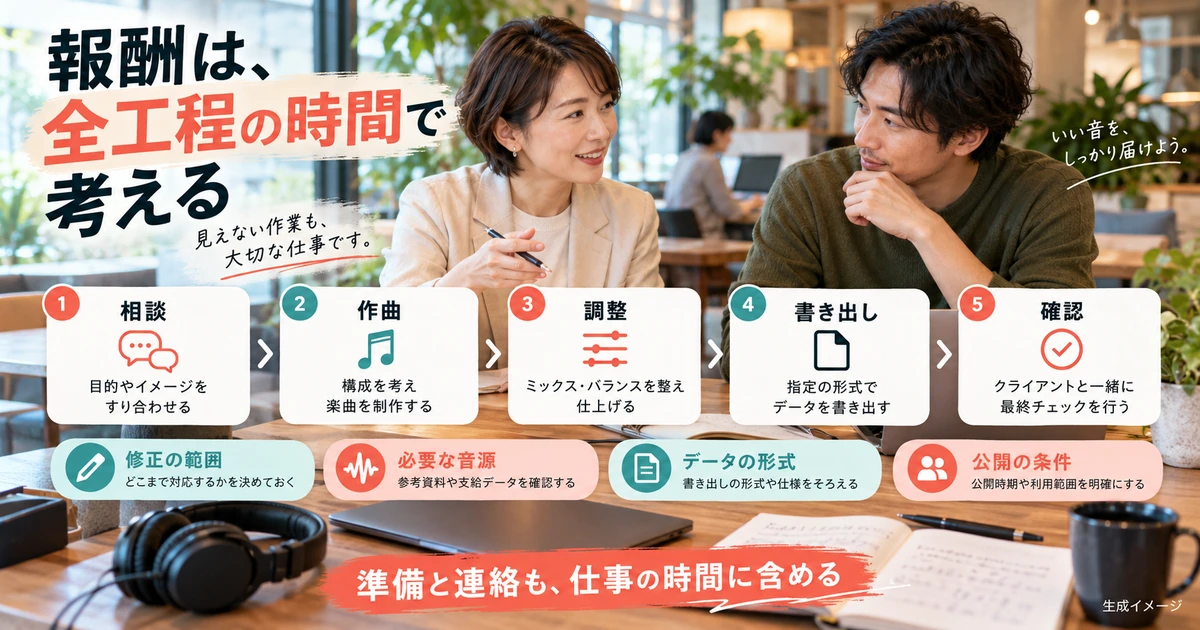 DTMの相談から確認までの工程と修正、データ、公開条件を整理する生成イメージ