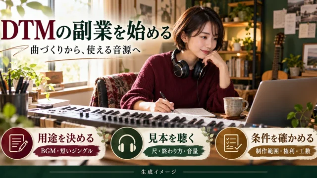 DTMの副業で用途、音源見本、制作範囲と権利の条件を整理する生成イメージ