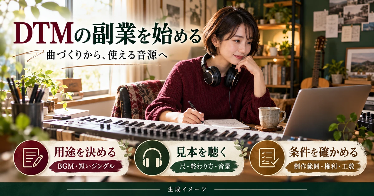DTMの副業で用途、音源見本、制作範囲と権利の条件を整理する生成イメージ