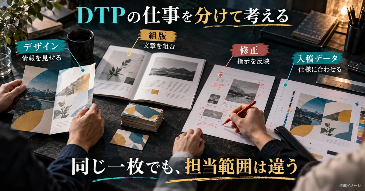 デザイン、組版、修正、入稿データの四つのDTP作業を区別する生成イメージ