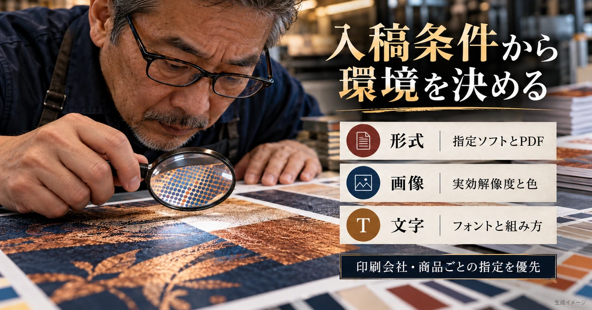 入稿先の形式、画像、文字の条件を確認する生成イメージ