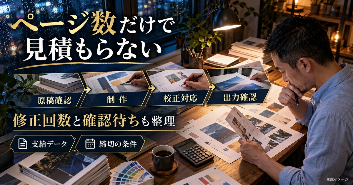 原稿確認、制作、校正対応、出力確認を分けて工数を考える生成イメージ