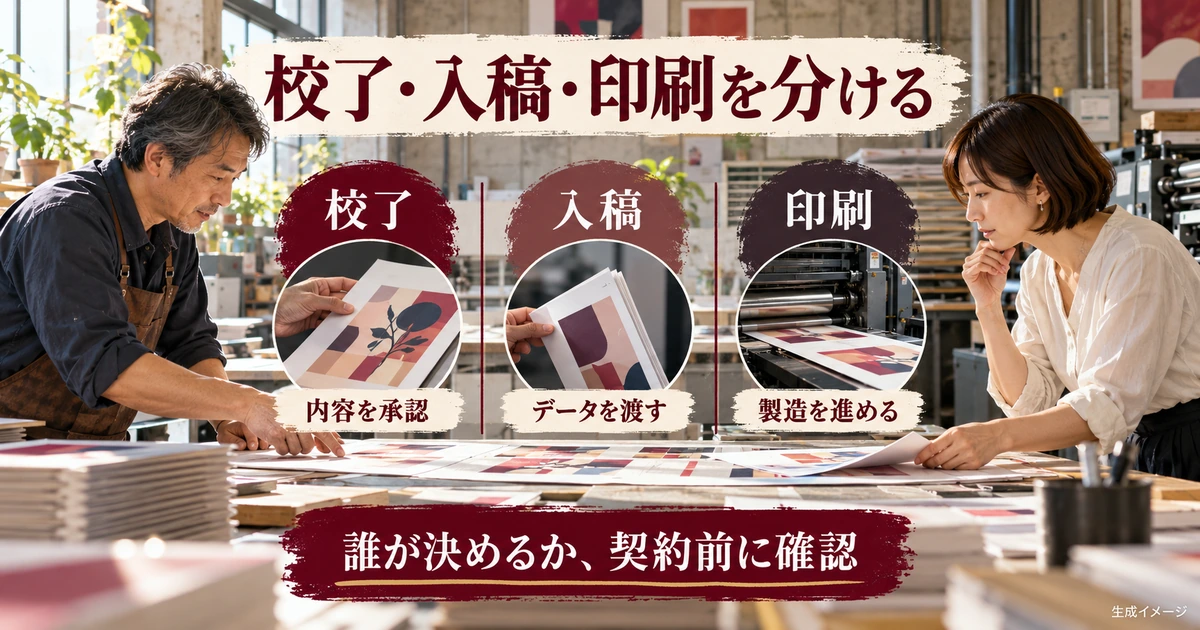 校了、入稿、印刷の工程と承認する人を分けて確認する生成イメージ