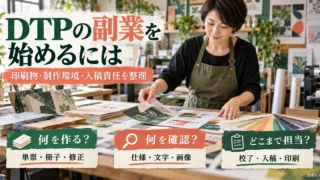 DTP副業で印刷物、制作環境、入稿までの担当範囲を整理する生成イメージ