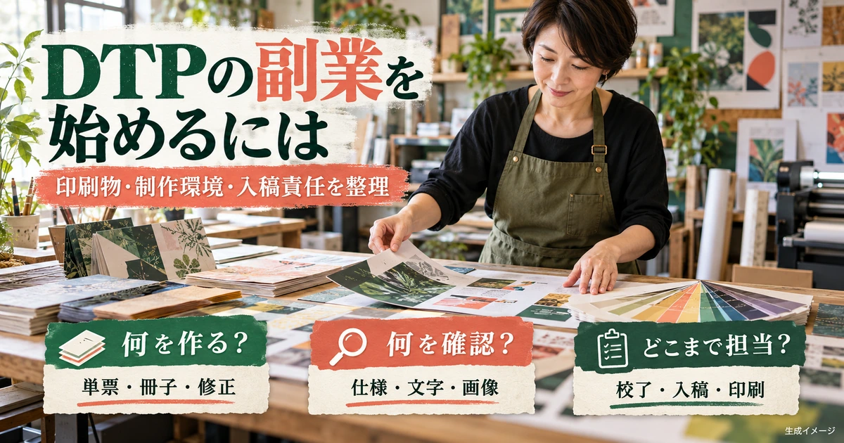 DTP副業で印刷物、制作環境、入稿までの担当範囲を整理する生成イメージ