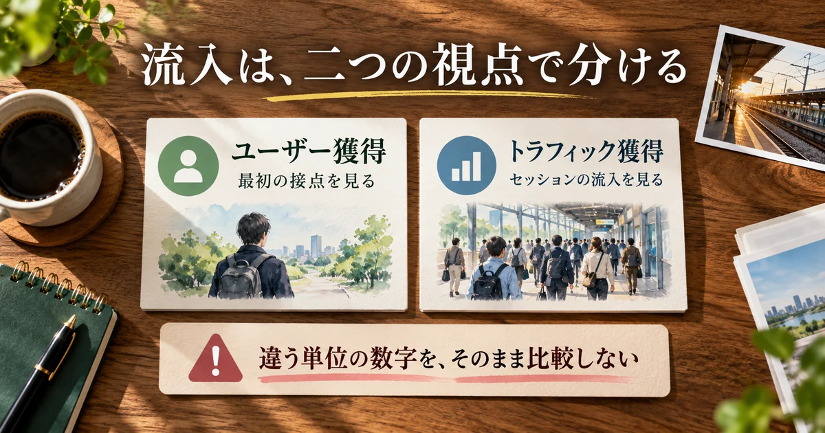 ユーザーの最初の接点とセッションの流入を分ける生成イメージ