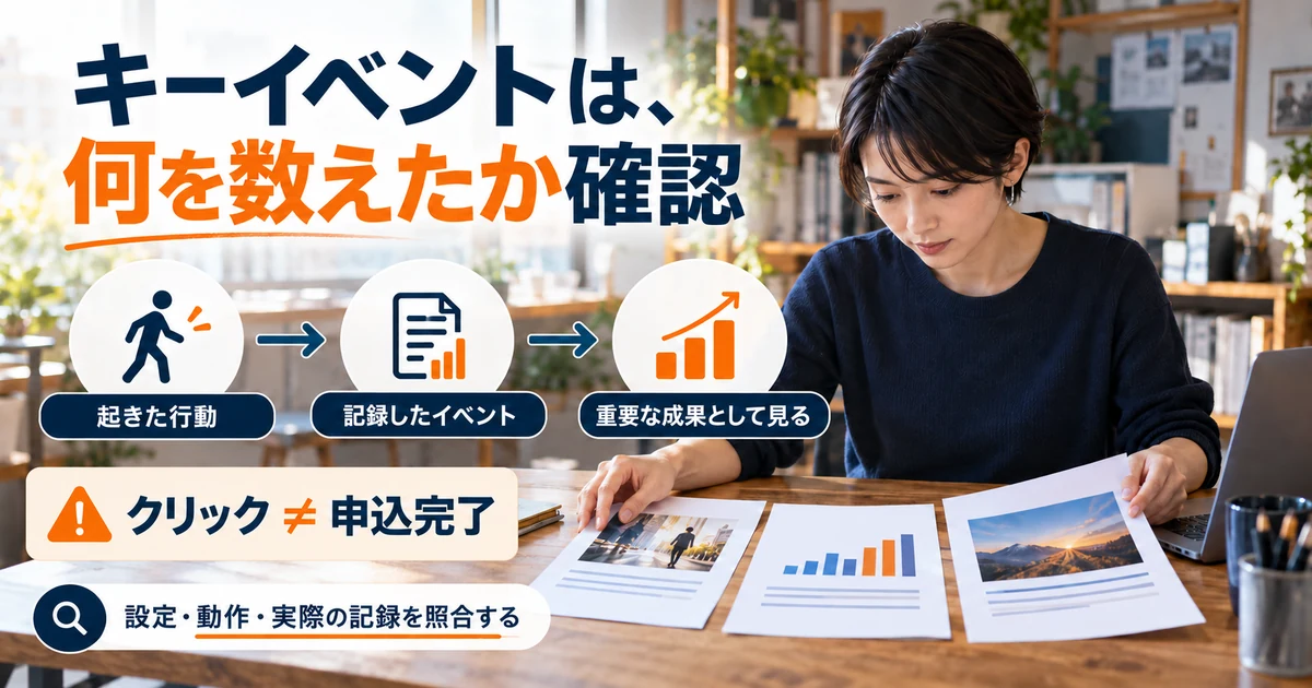 起きた行動、記録するイベント、重要な成果の関係を示す生成イメージ