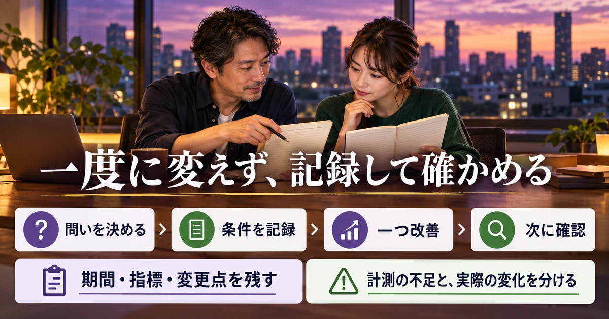 問い、条件の記録、改善、次の確認を進める生成イメージ