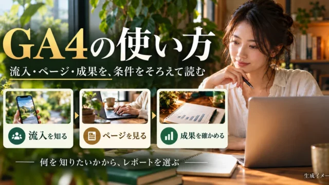 GA4で流入、ページ、成果を条件をそろえて読む考え方の生成イメージ