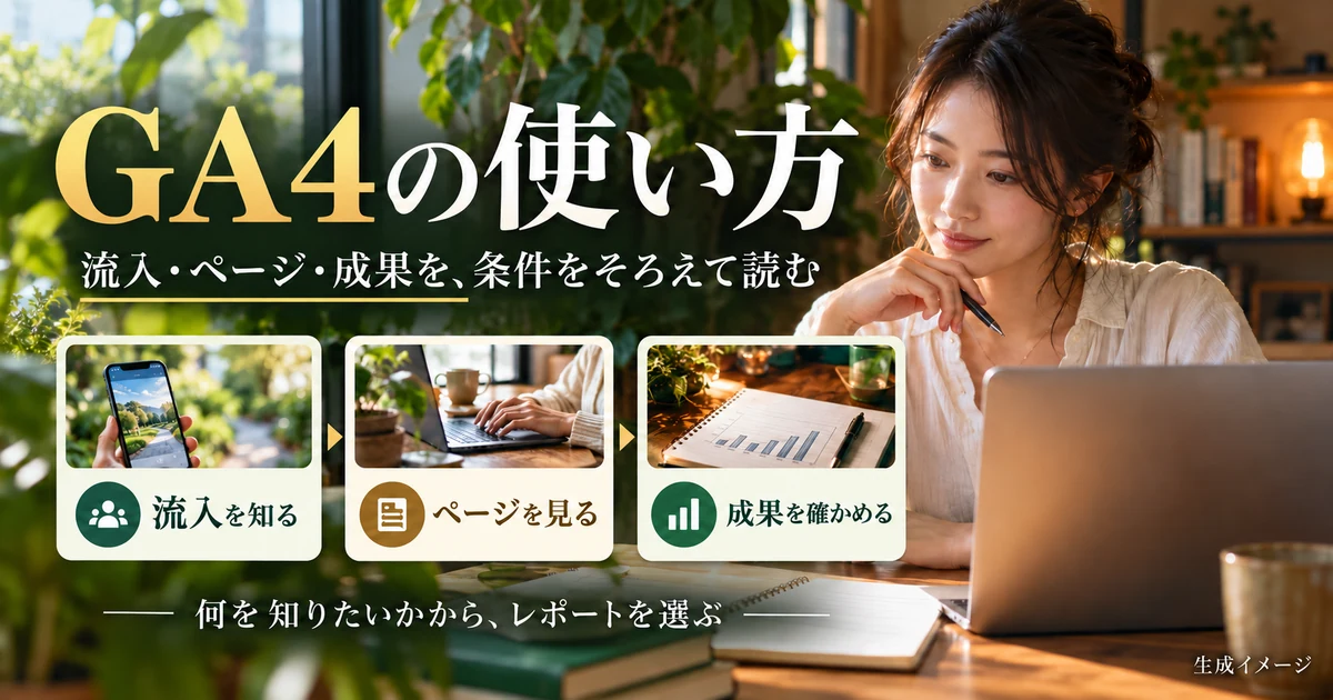 GA4で流入、ページ、成果を条件をそろえて読む考え方の生成イメージ