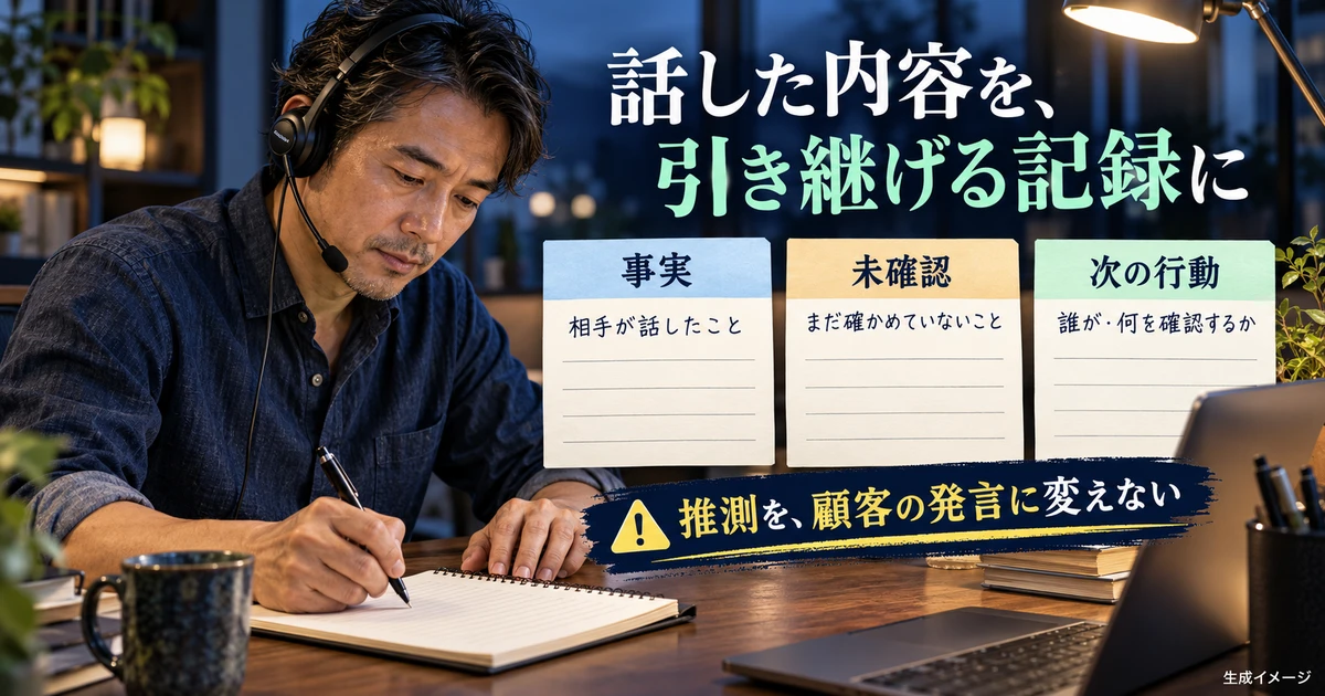事実・未確認・次の行動を分けて引き継ぐ記録の生成イメージ