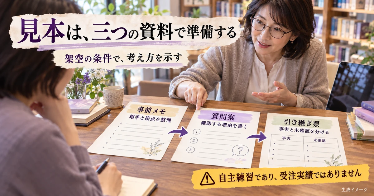 架空条件で事前メモ・質問案・引き継ぎ票を作る自主練習の生成イメージ