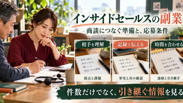 インサイドセールス副業の商談準備・記録・稼働条件を示す生成イメージ