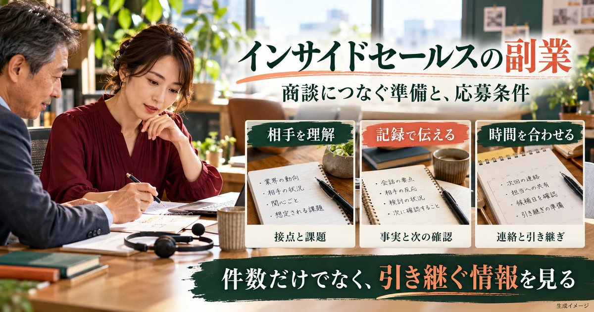 インサイドセールス副業の商談準備・記録・稼働条件を示す生成イメージ