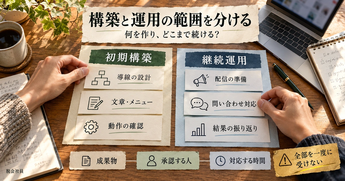 LINE公式アカウントの初期構築と継続運用の作業範囲を比較する図