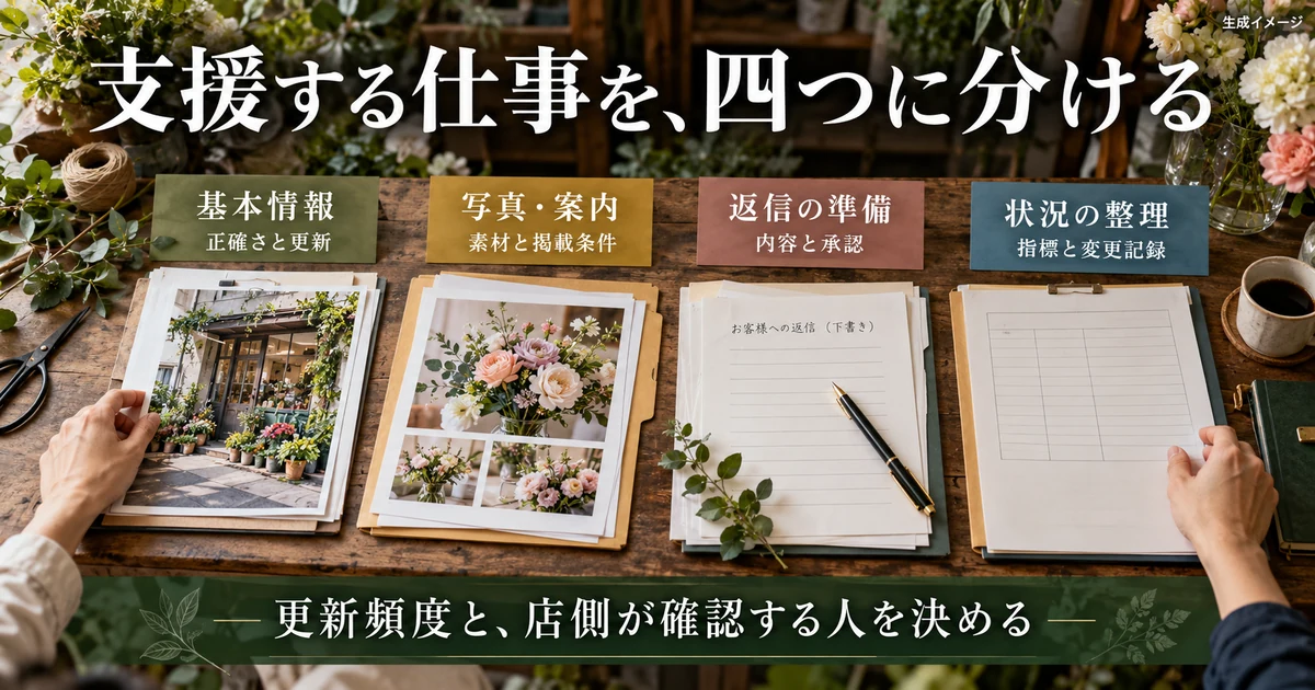 店舗情報の支援を基本情報、写真と案内、返信準備、状況整理へ分ける生成イメージ