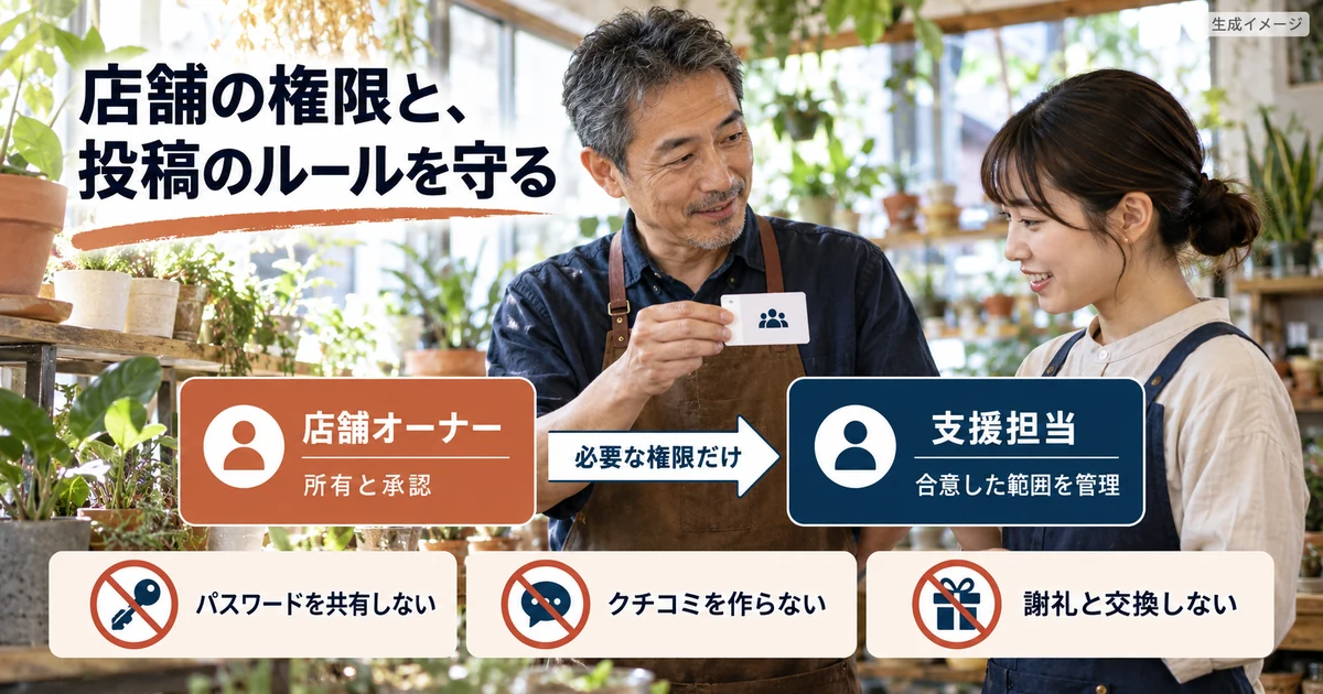 店舗オーナーの所有権を保ち、許可された範囲で支援する生成イメージ