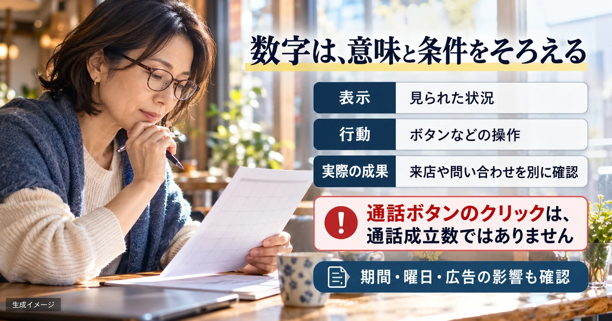 表示やボタン操作と来店や問い合わせの成果を分ける生成イメージ