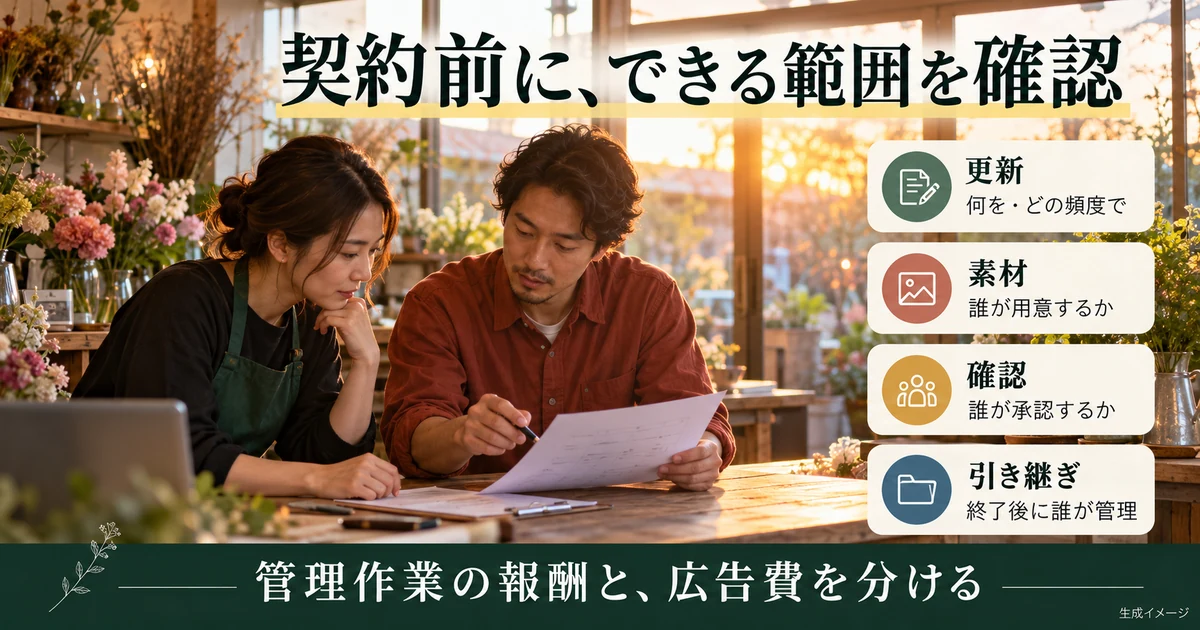 更新、素材、確認、引き継ぎの担当と費用を確認する生成イメージ