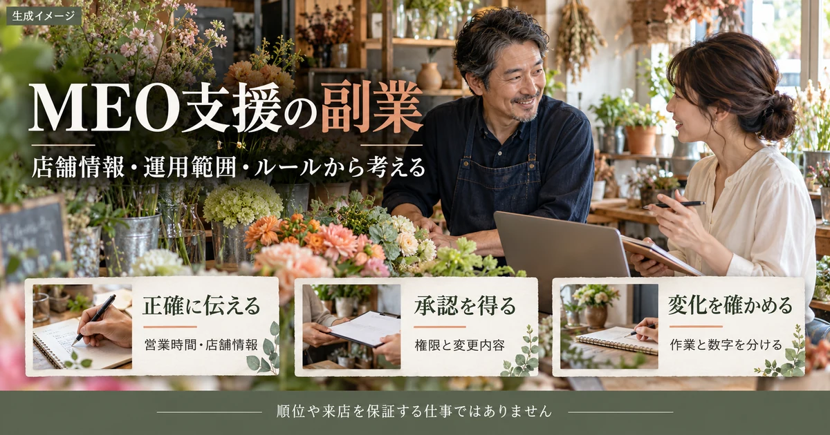 MEO支援の副業で正確な情報、承認、変化の確認を考える生成イメージ