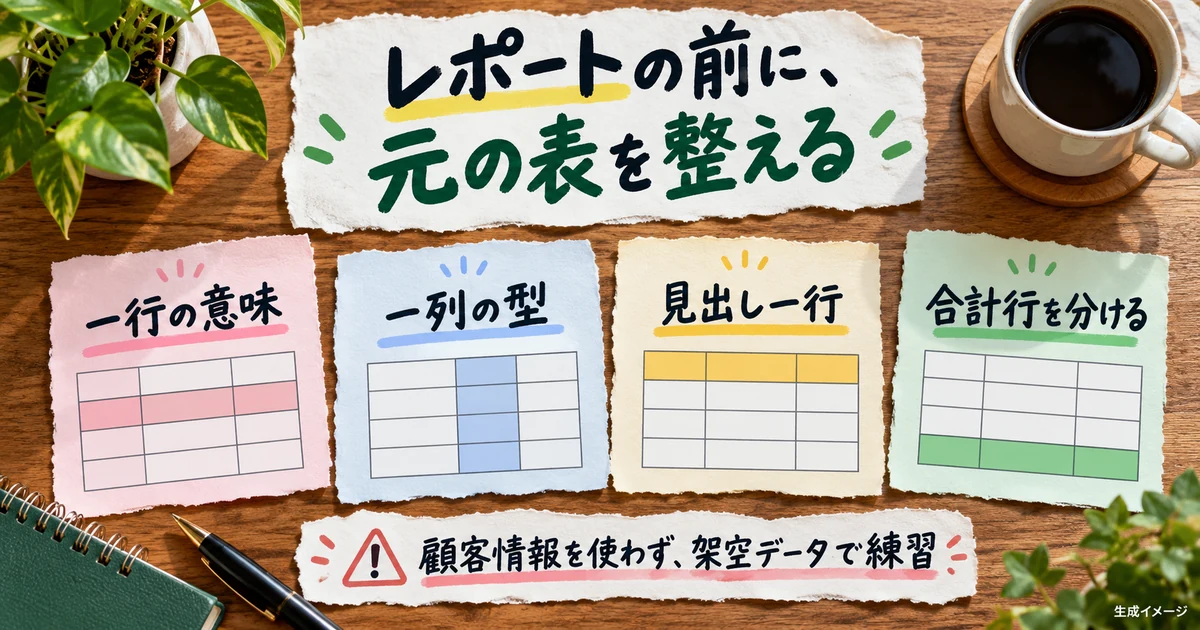 一行の意味、一列の型、見出し、合計行を確認する生成イメージ
