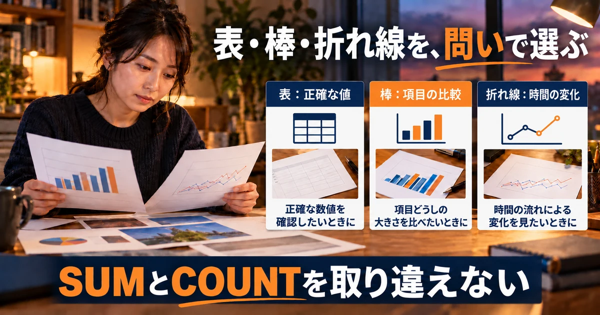 表、棒、折れ線の目的とSUMとCOUNTの違いを示す生成イメージ