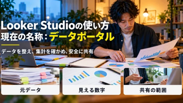 Looker Studioの現在の名称と元データ、集計、共有の基本を示す生成イメージ