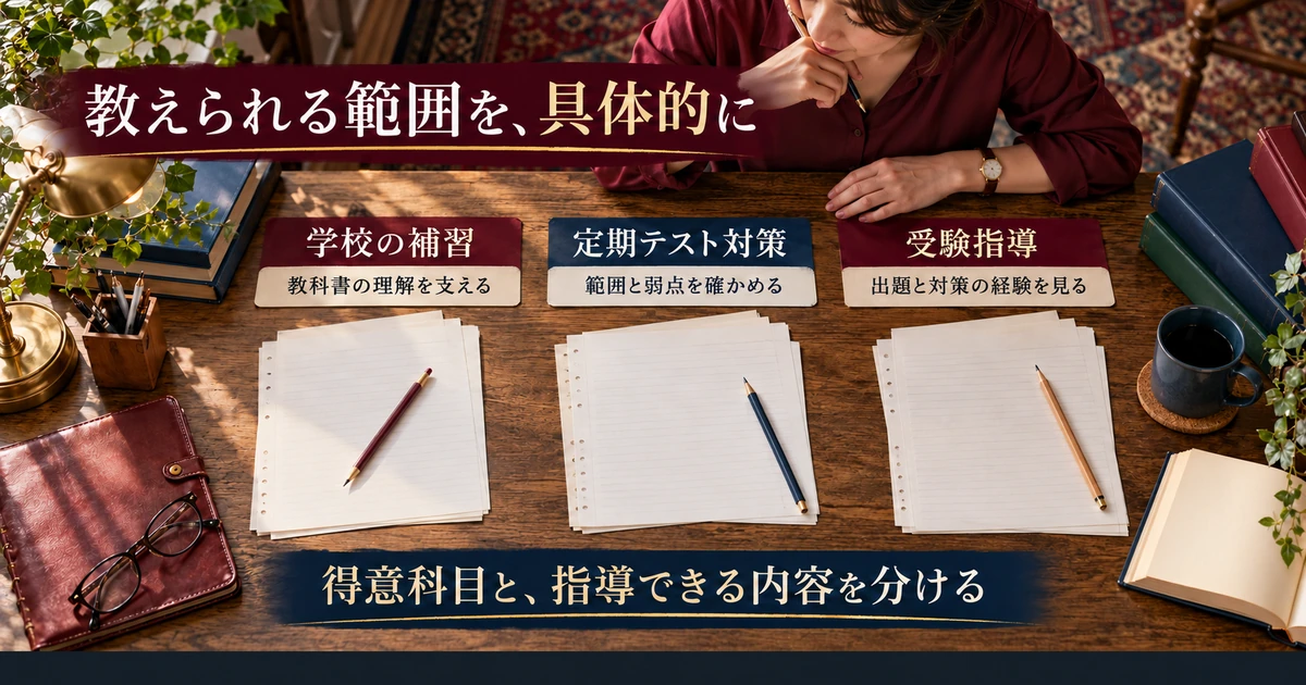 学校の補習、定期テスト対策、受験指導の範囲を比較する生成イメージ