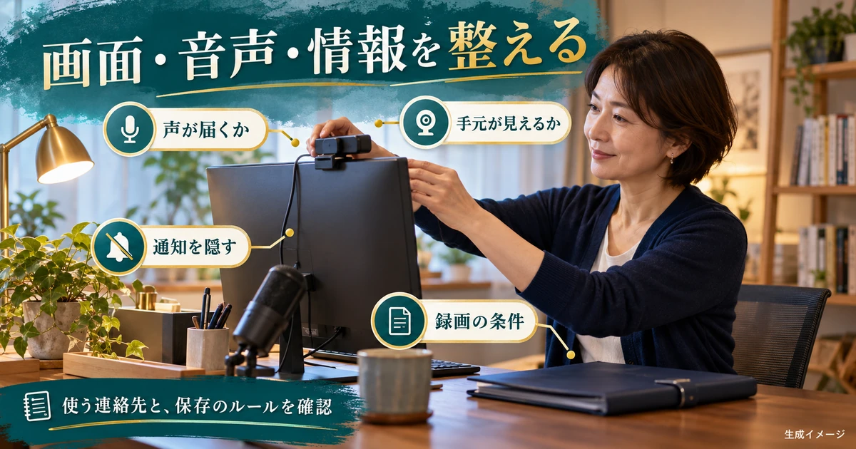 オンライン授業の音声、手元、通知、録画条件を確かめる生成イメージ