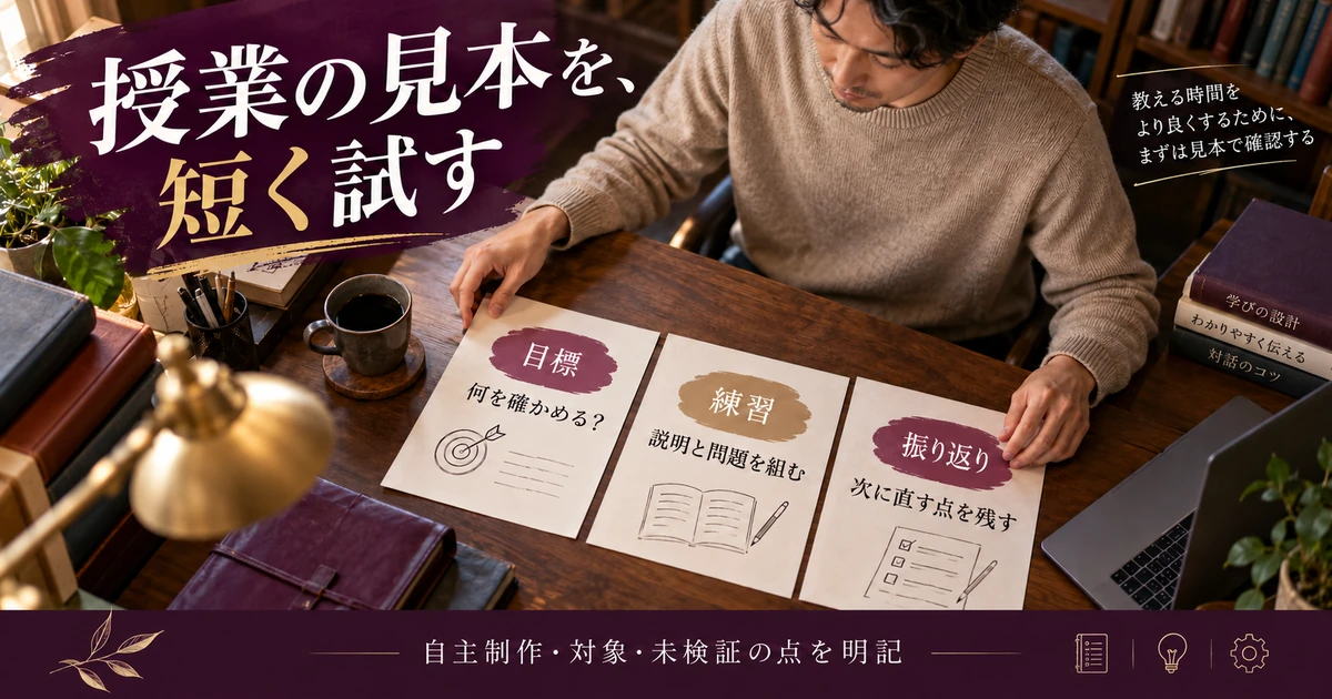 模擬授業の目標、練習、振り返りを三枚の資料に整理する生成イメージ