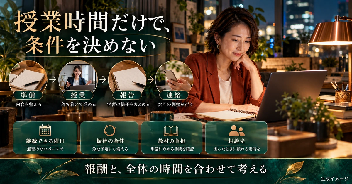 授業の準備、指導、報告、連絡と継続できる条件を考える生成イメージ