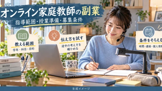 オンライン家庭教師の副業へ向けて指導範囲、伝え方、時間と情報管理を準備する生成イメージ