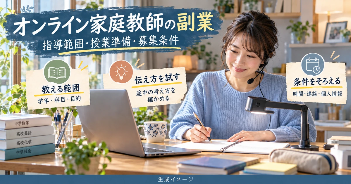 オンライン家庭教師の副業へ向けて指導範囲、伝え方、時間と情報管理を準備する生成イメージ
