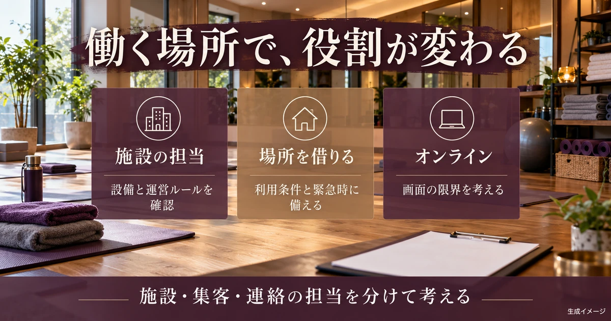 施設の担当、場所を借りる働き方、オンライン指導の確認点を比較する生成イメージ