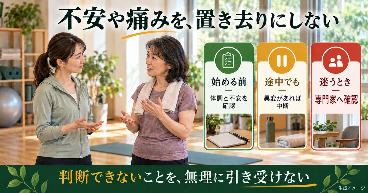 体調と不安の確認、異変時の中断、専門家への確認を示す生成イメージ
