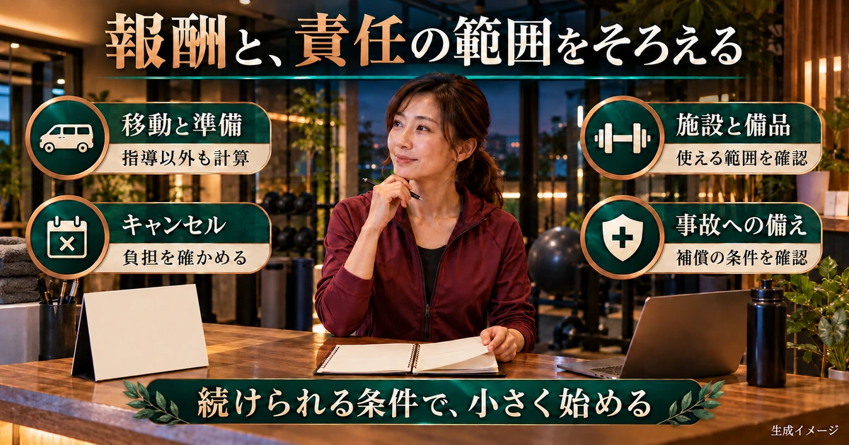 移動と準備、キャンセル、施設と備品、事故の補償条件を考える生成イメージ