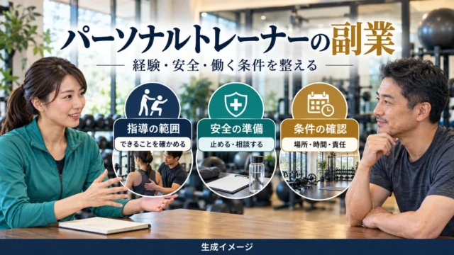 パーソナルトレーナーの副業で指導範囲、安全の準備、働く条件を整理する生成イメージ