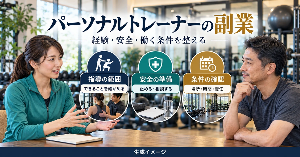 パーソナルトレーナーの副業で指導範囲、安全の準備、働く条件を整理する生成イメージ