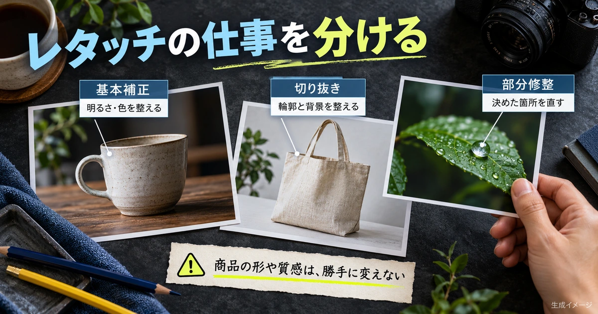 基本補正、切り抜き、部分修整の仕事を比較する生成イメージ