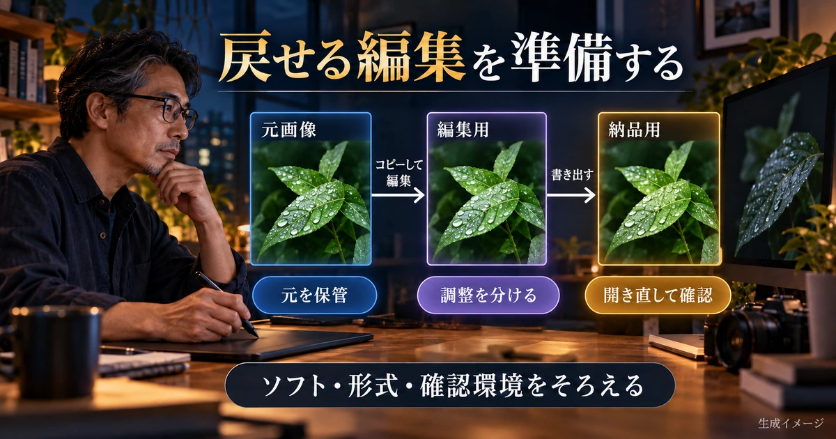 元画像、編集用、納品用を分けて戻せる編集を準備する生成イメージ