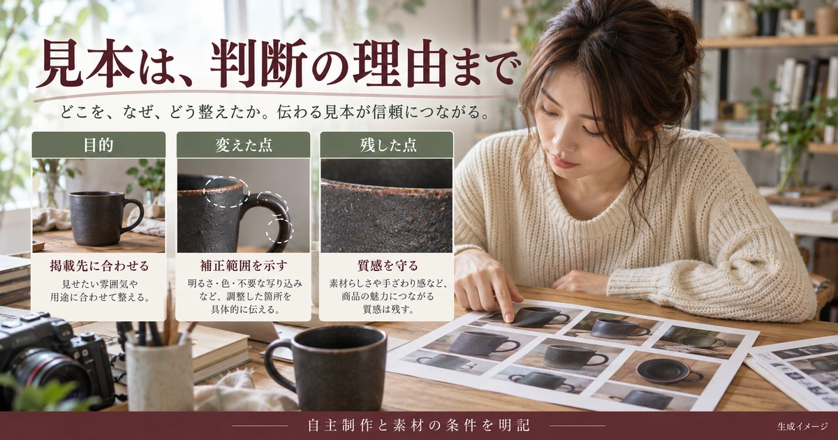自主制作の見本に目的、変えた点、残した点を添える生成イメージ