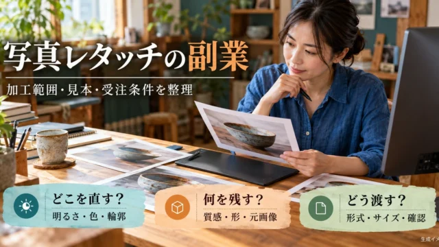 写真レタッチの加工範囲、見本、受注条件を整理する生成イメージ