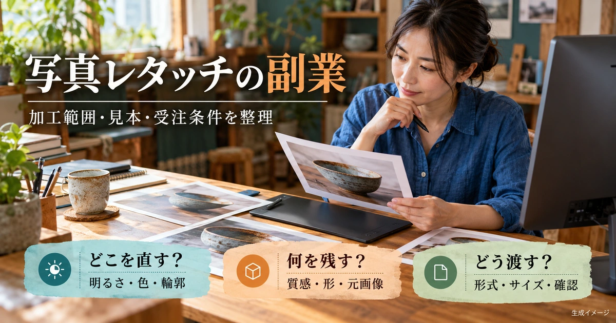 写真レタッチの加工範囲、見本、受注条件を整理する生成イメージ