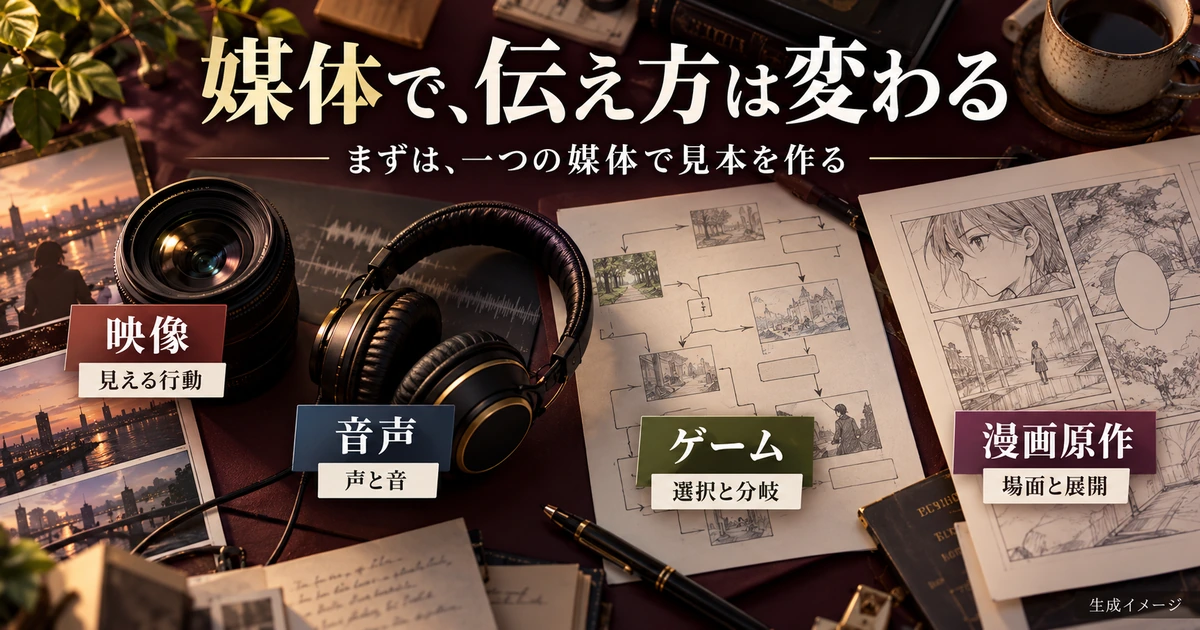 映像、音声、ゲーム、漫画原作の伝え方の違いを比較する生成イメージ