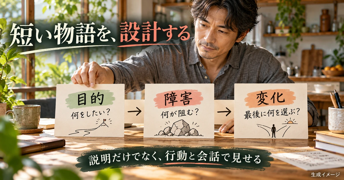 物語の目的、障害、最後の変化を三枚のカードで考える生成イメージ
