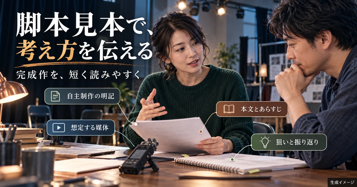 自主制作脚本の媒体、あらすじ、制作の狙いを説明する生成イメージ
