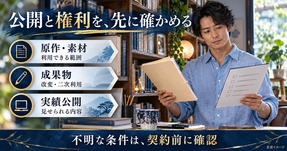 脚本の原作素材、成果物、実績公開の利用条件を確認する生成イメージ