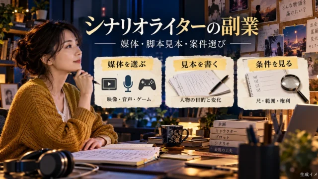 シナリオライターの副業へ向けて媒体、脚本見本、案件条件を整理する生成イメージ