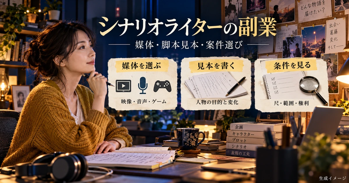 シナリオライターの副業へ向けて媒体、脚本見本、案件条件を整理する生成イメージ